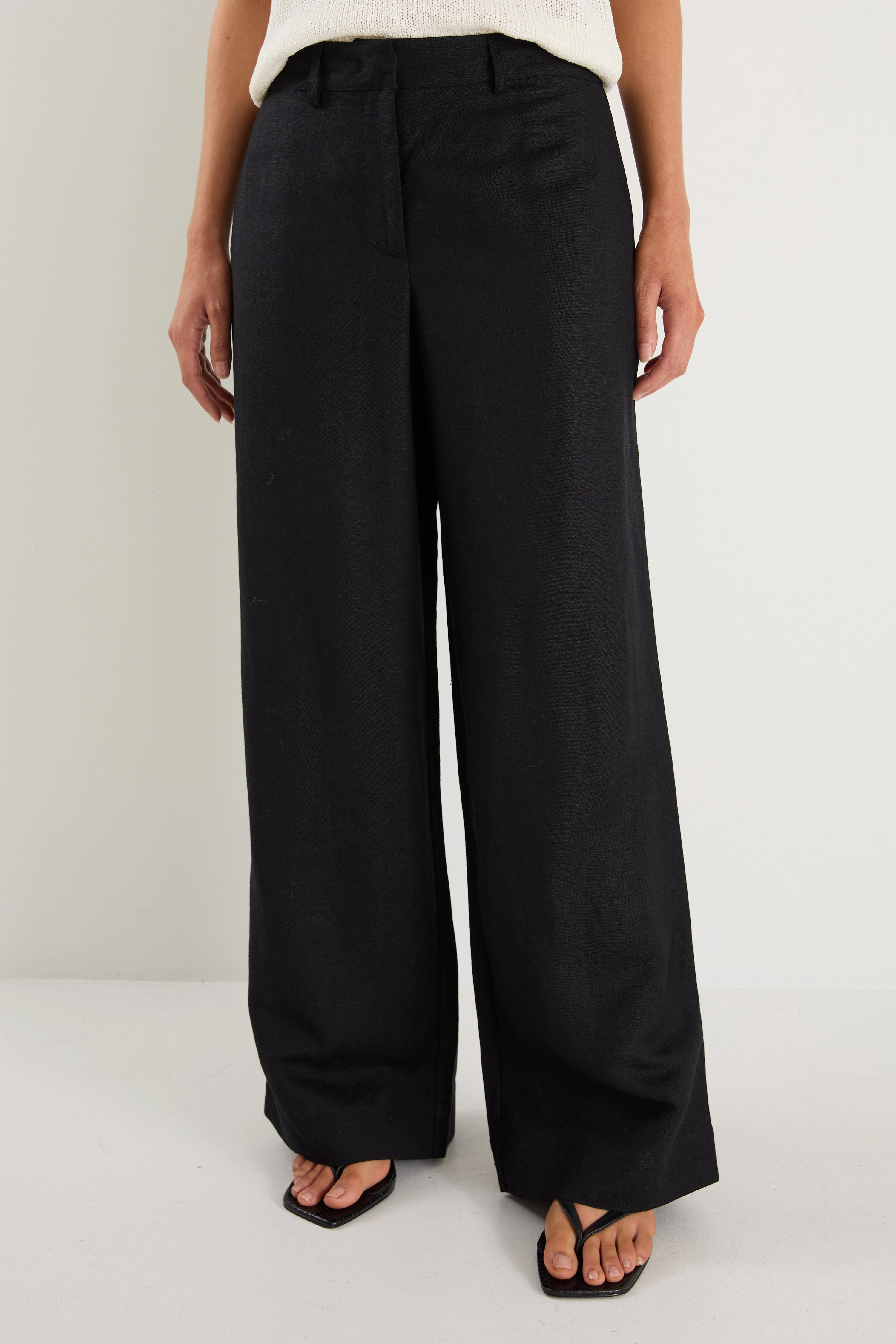 Shelter Black Linen Viscose Flat Front Wide Pants Practical Wear