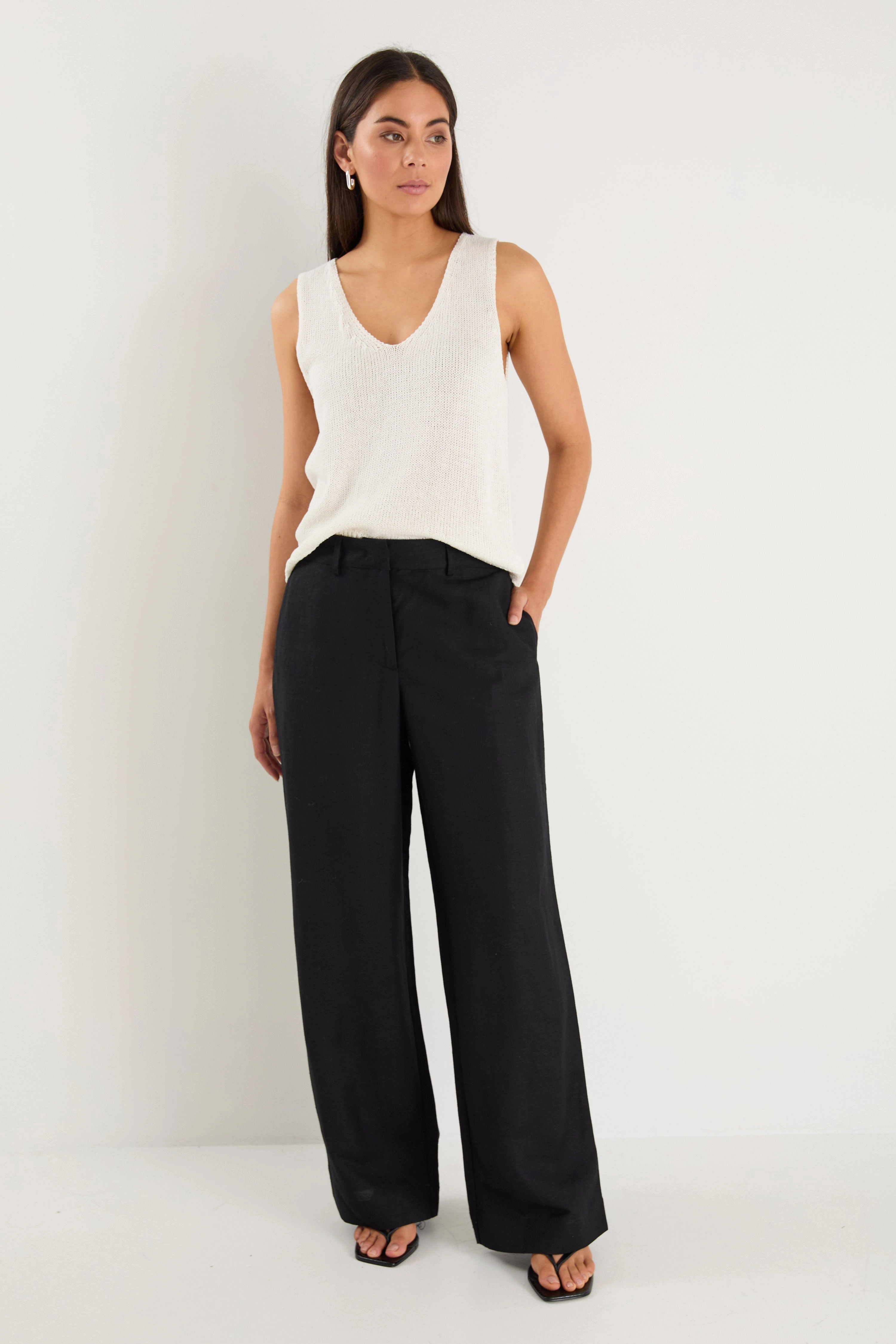 Shelter Black Linen Viscose Flat Front Wide Pants Breathable Weave Fabric StretchMaterial