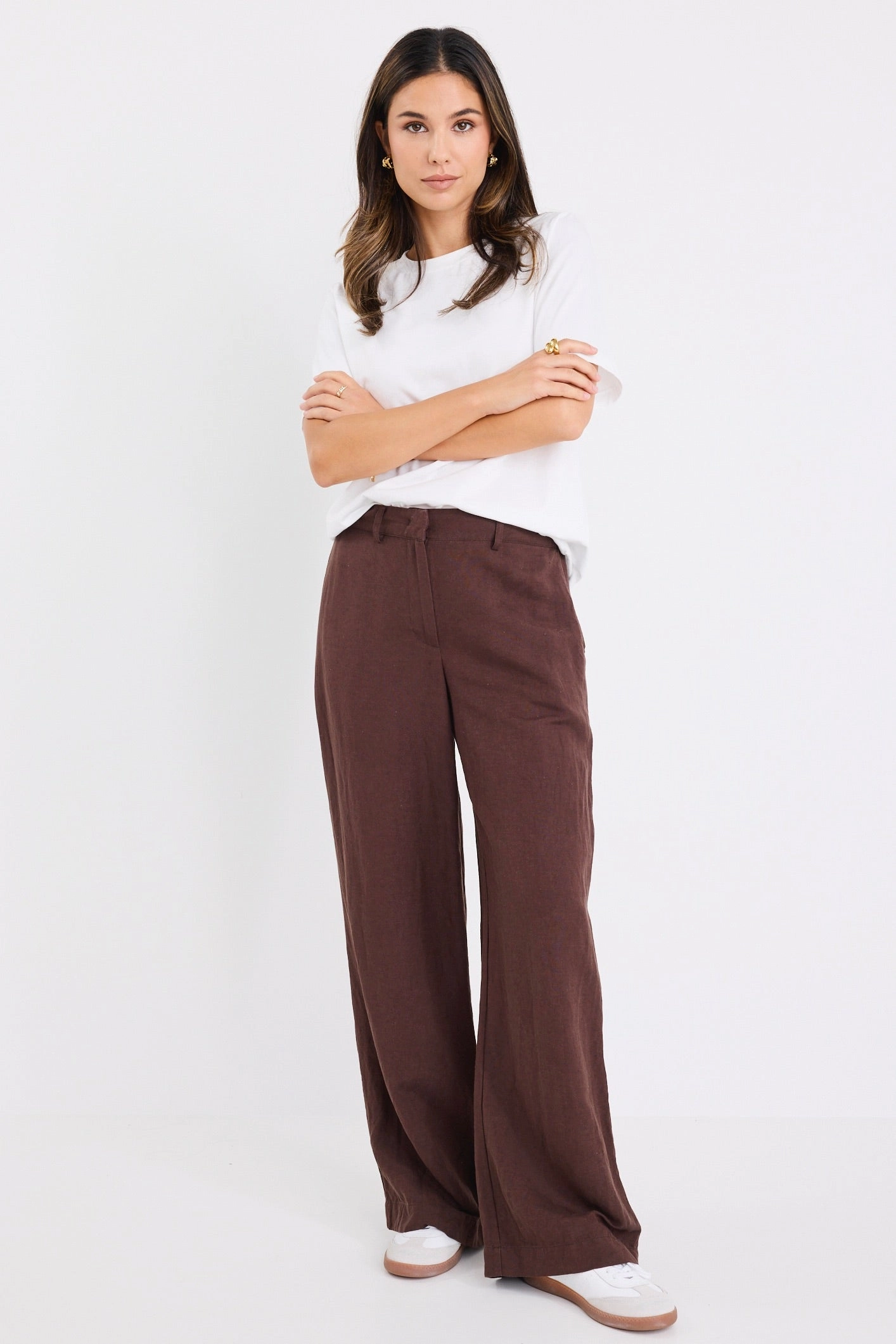Shelter Chocolate Linen Viscose Flat Front Wide Pants FadeResistantTreatment High Rise