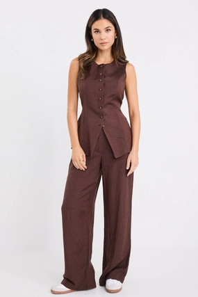 Shelter Chocolate Linen Viscose Flat Front Wide Pants Stay Cool Sport Performance Design