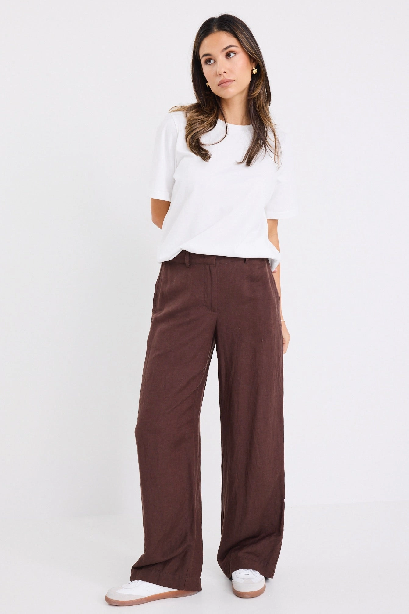 Shelter Chocolate Linen Viscose Flat Front Wide Pants Work Essential Tagless Labeling