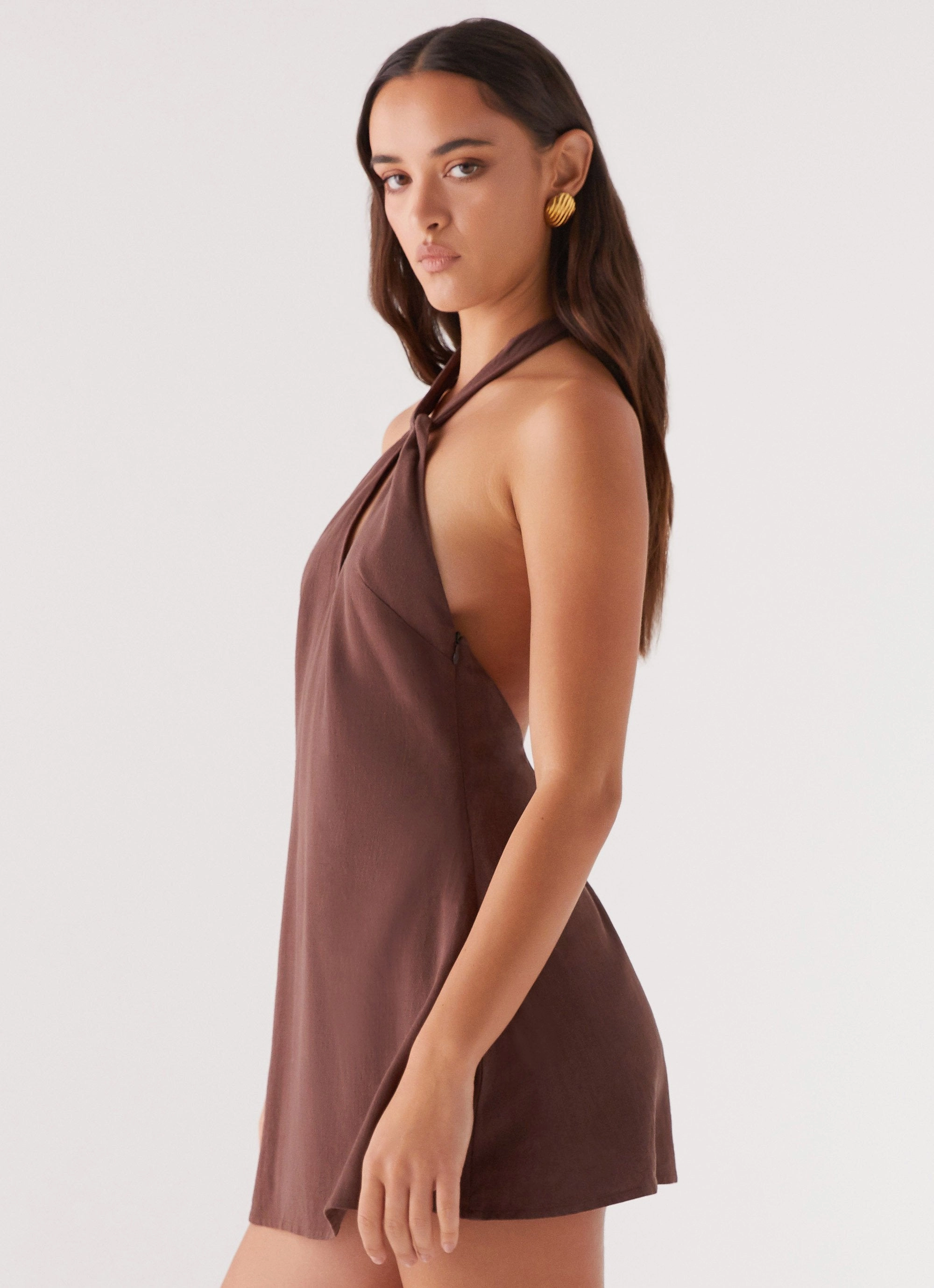 Counting Stars Linen Halterneck Dress - Chocolate Neutral Look