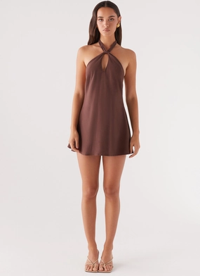 Lightweight Feel Midnight Mood Counting Stars Linen Halterneck Dress - Chocolate