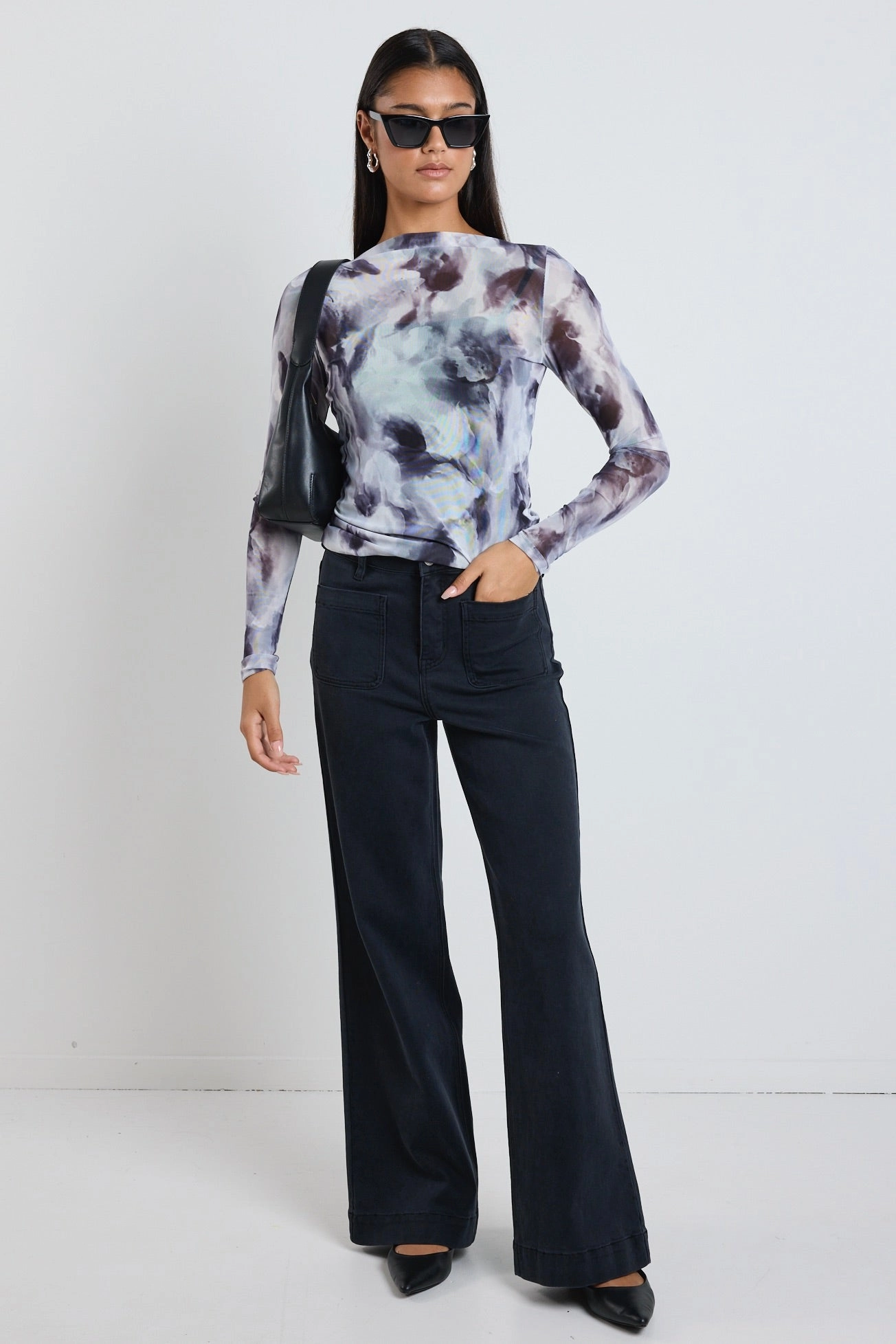 Light Charcoal Smudge Mesh Boatneck Top PreWashed Machine Washable Fabric