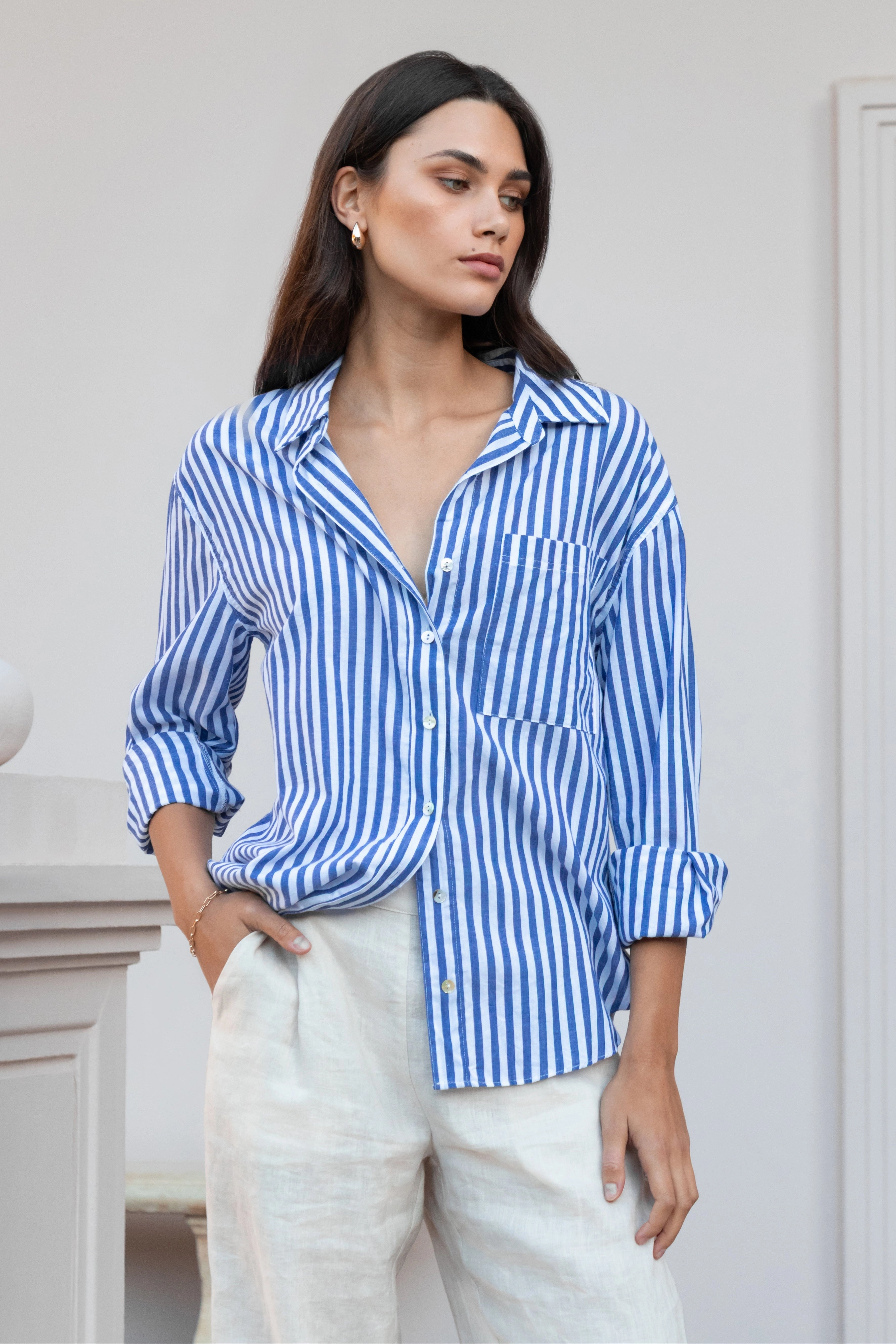 Reflective Safety Accents You Got This Blue Stripe Cotton Oversized Shirt