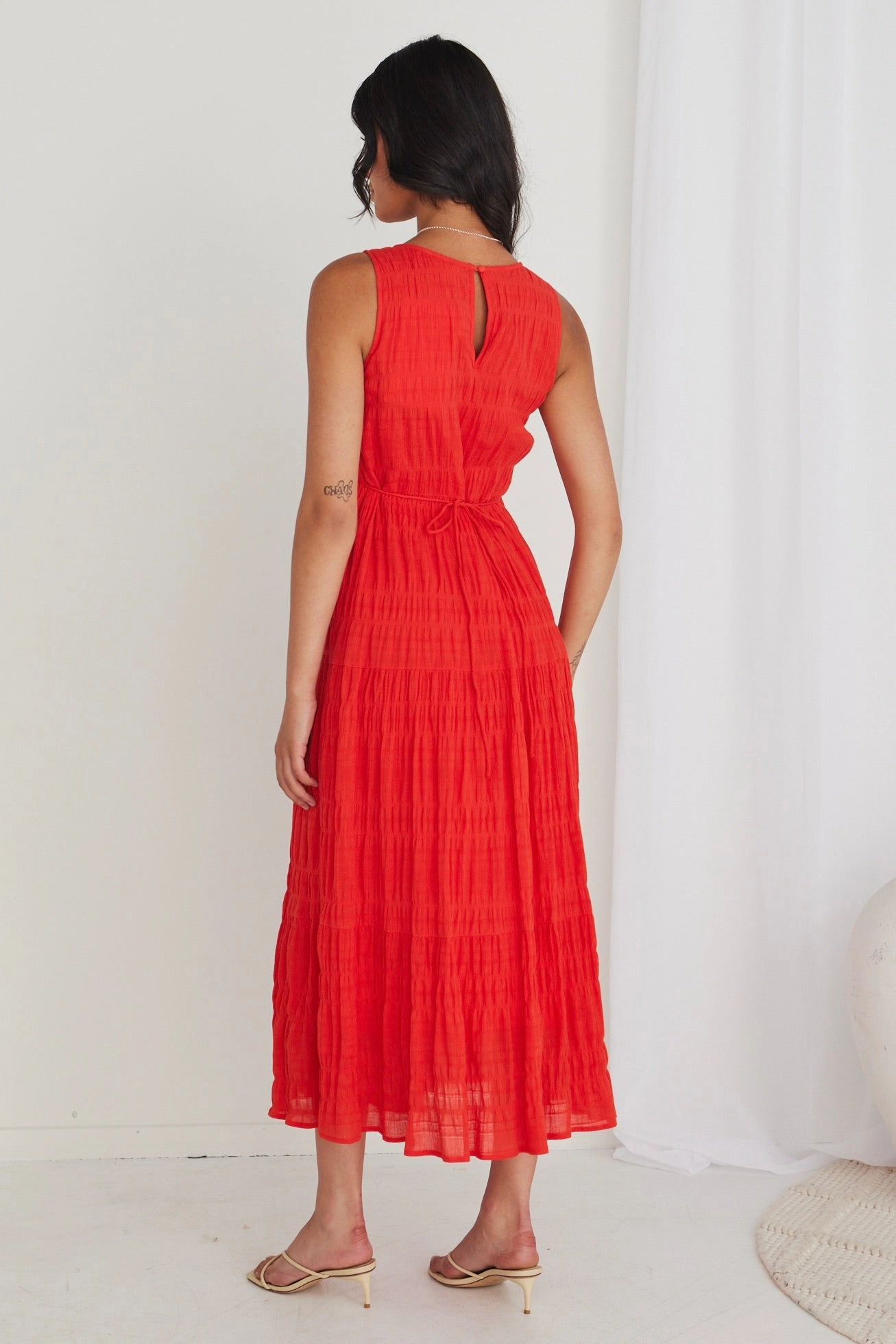 Summer Soft Florentena Sunset Shirred Cotton Sleeveless Tiered Maxi Dress