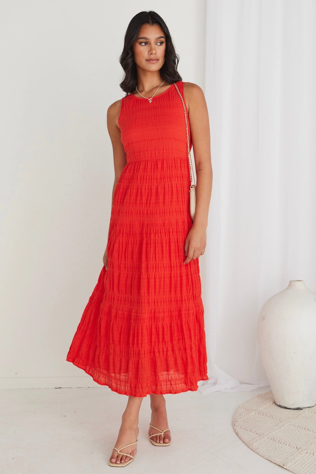 Sleek Silhouette Florentena Sunset Shirred Cotton Sleeveless Tiered Maxi Dress