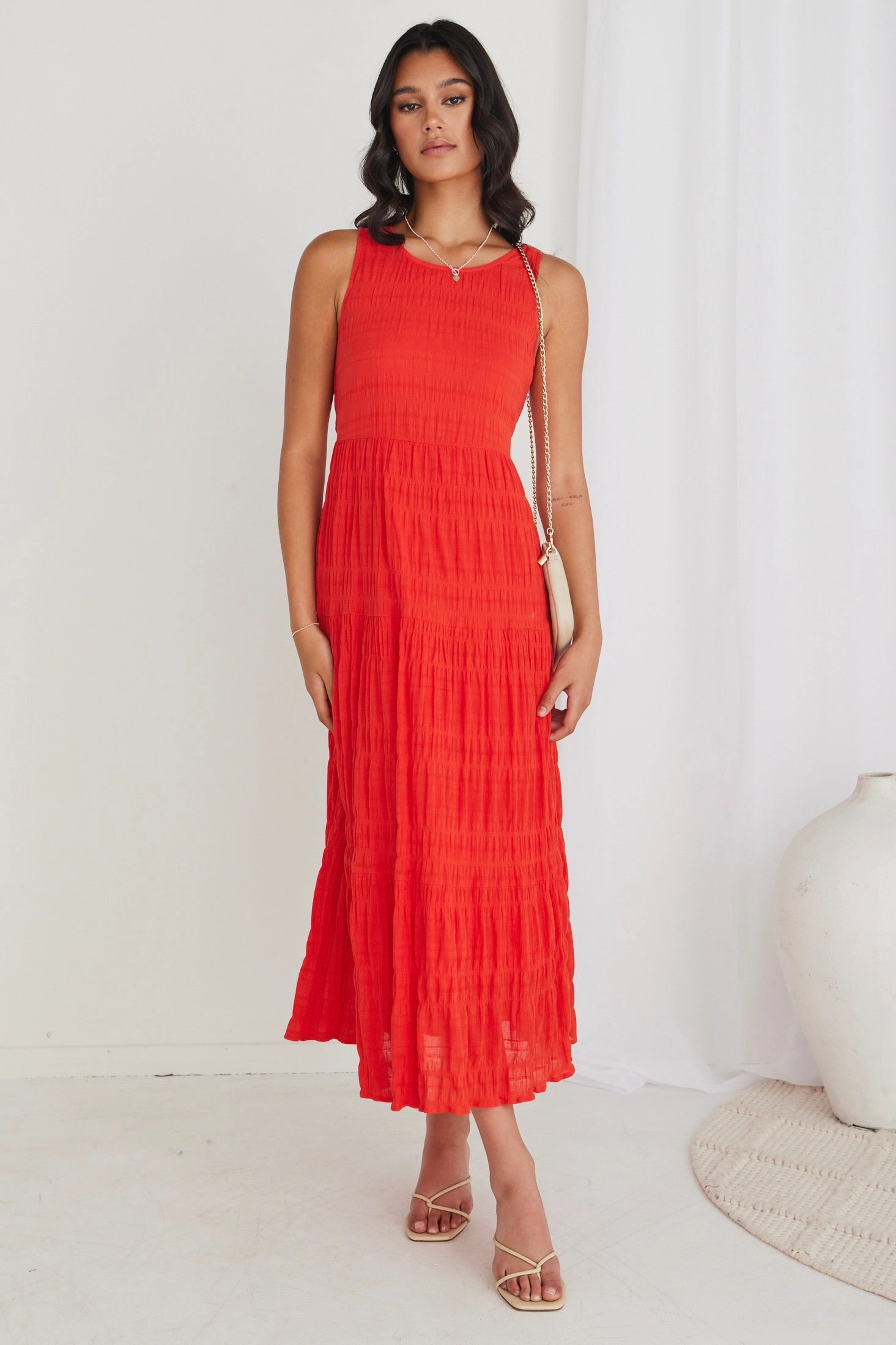 Easy Pretty Florentena Sunset Shirred Cotton Sleeveless Tiered Maxi Dress