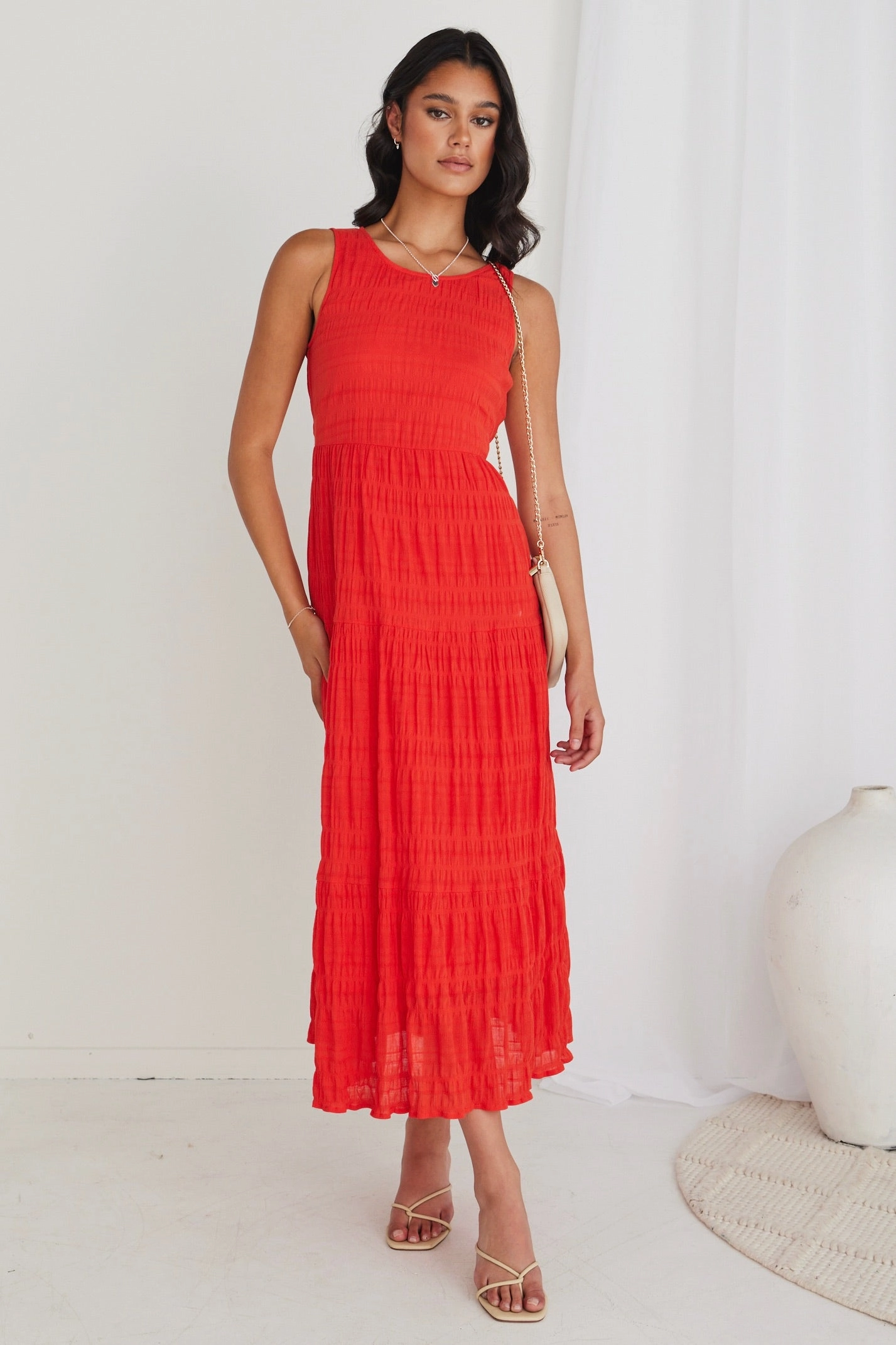 Soft Gradient Florentena Sunset Shirred Cotton Sleeveless Tiered Maxi Dress