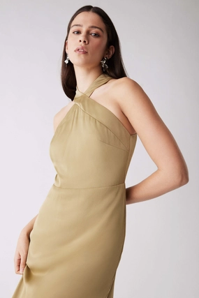 Mixed Fabric Day Romance Sevilla Olive High Neck Sleeveless Midi Dress