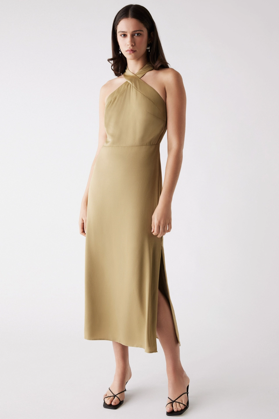 Sevilla Olive High Neck Sleeveless Midi Dress Elegant Layers