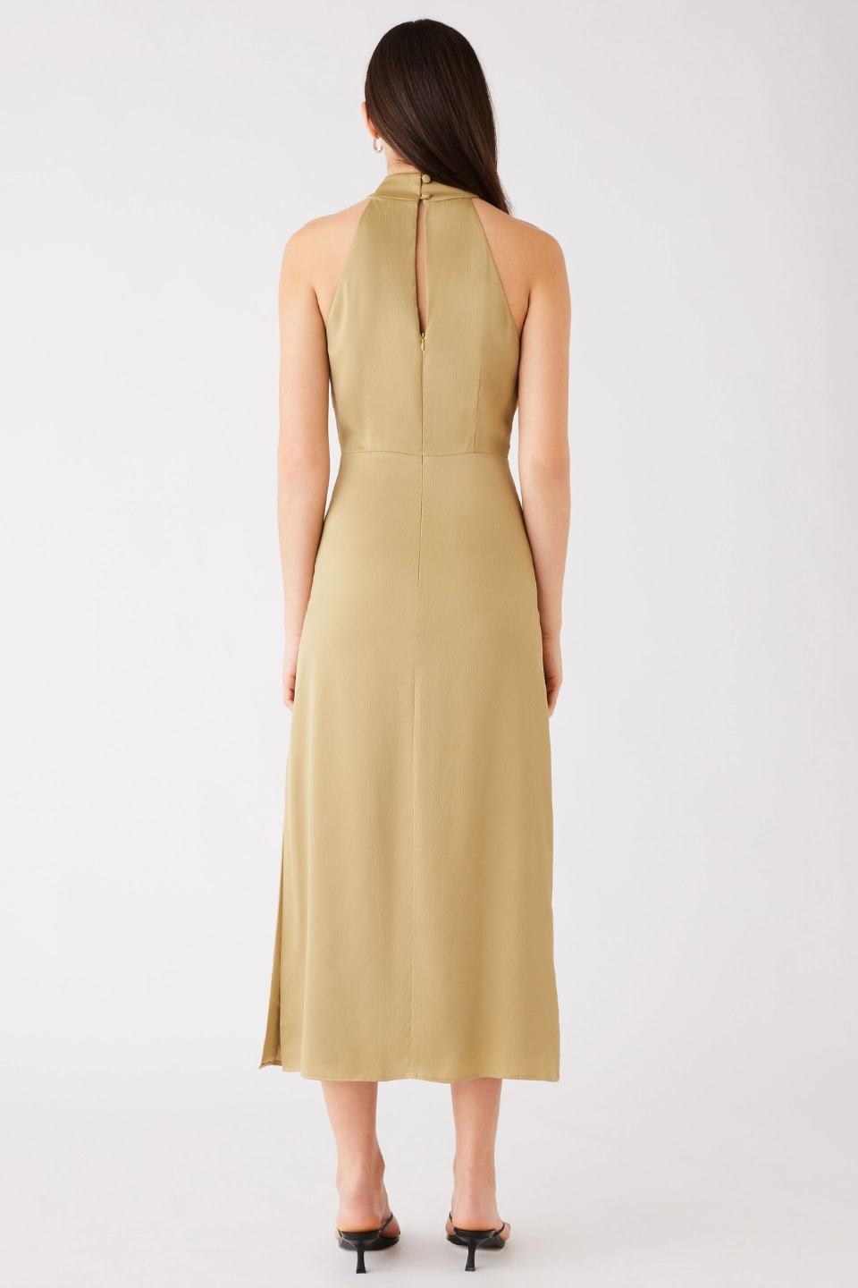 Zip-Closure NonIrritatingLining Sevilla Olive High Neck Sleeveless Midi Dress