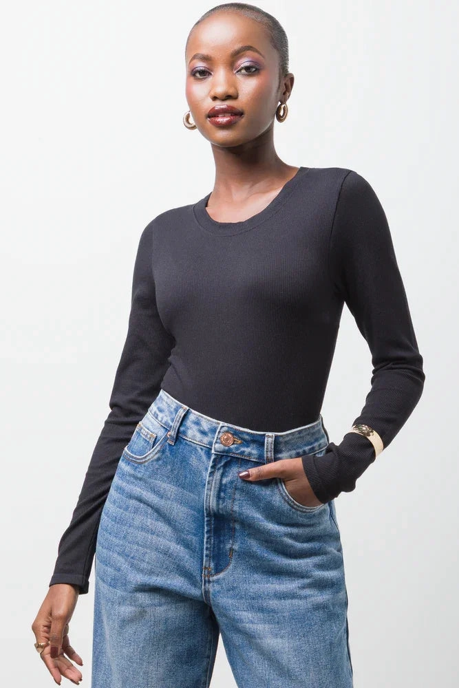 Rib Seamless Long Sleeve Bodysuit Black BondedHemline EasyCareMaterial