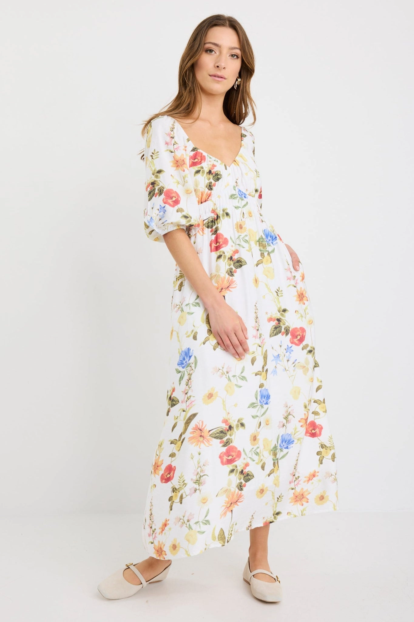Cool Motion Mix-And-Match Posy Cream Garden Print Sweetheart Puff Sleeve Midi Dress