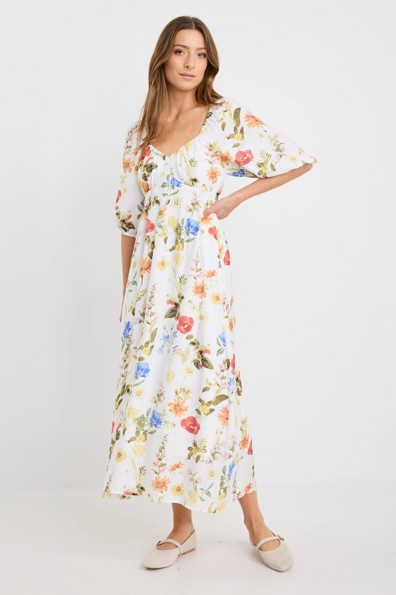 Summer-Season Posy Cream Garden Print Sweetheart Puff Sleeve Midi Dress