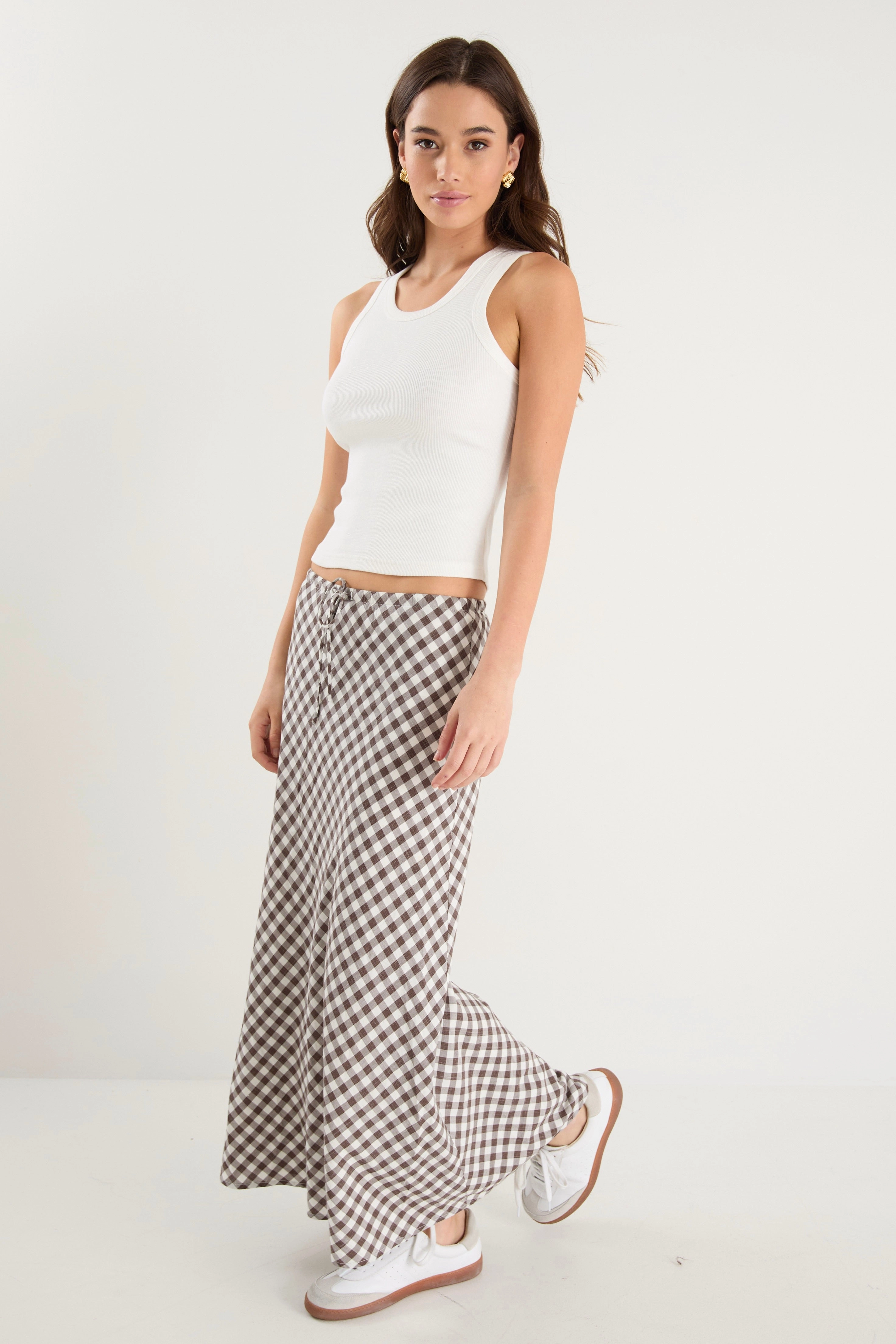 Summit Chocolate Gingham Cotton Blend Tie Waist Bias Maxi Skirt Seamless Edging