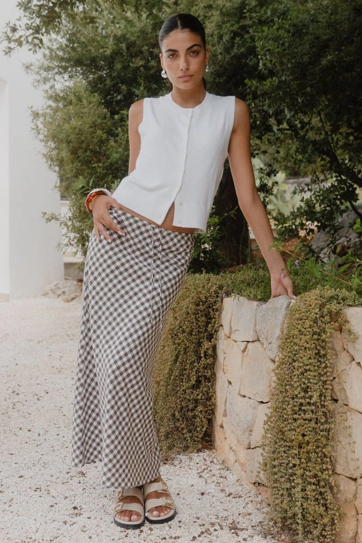 Unique Feature Ethically Made Summit Chocolate Gingham Cotton Blend Tie Waist Bias Maxi Skirt