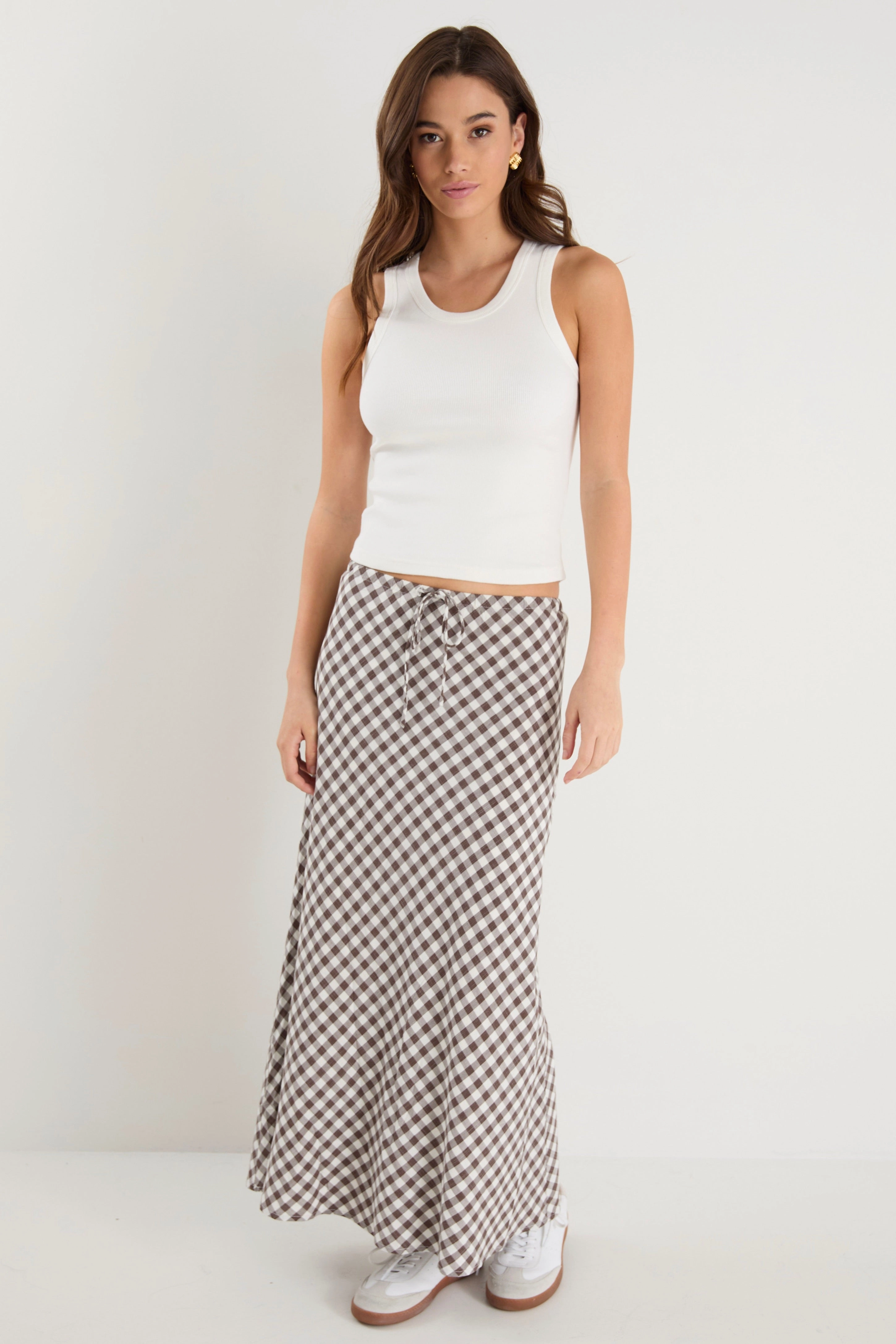 Creative Fashion Modern Details Summit Chocolate Gingham Cotton Blend Tie Waist Bias Maxi Skirt