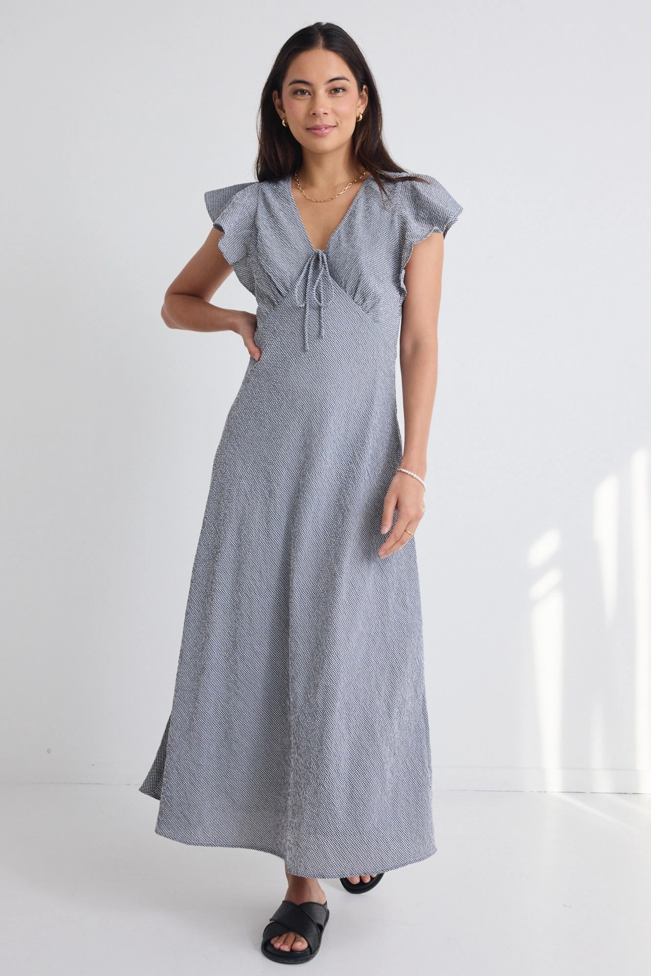 Stretchable Ovation Black Ditsy Gingham Flutter Ss Keyhole Tie Midi Dress