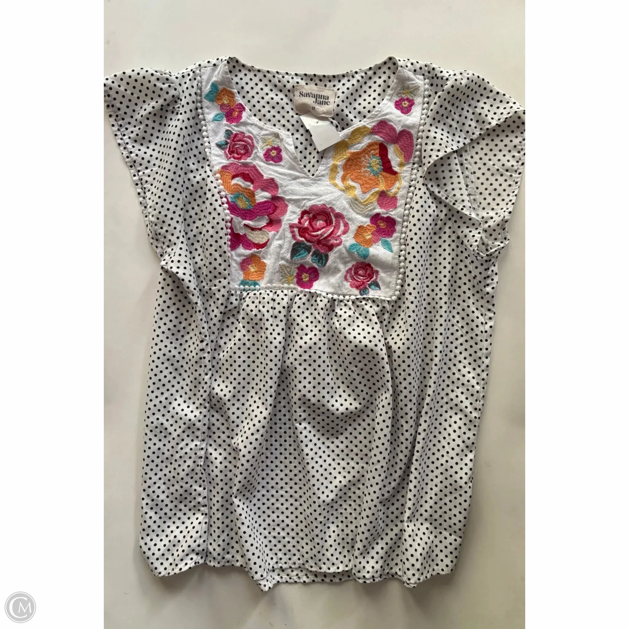 Bohemian style Top Short Sleeve By Savanna Jane In Polkadot Pattern, Size: 1x