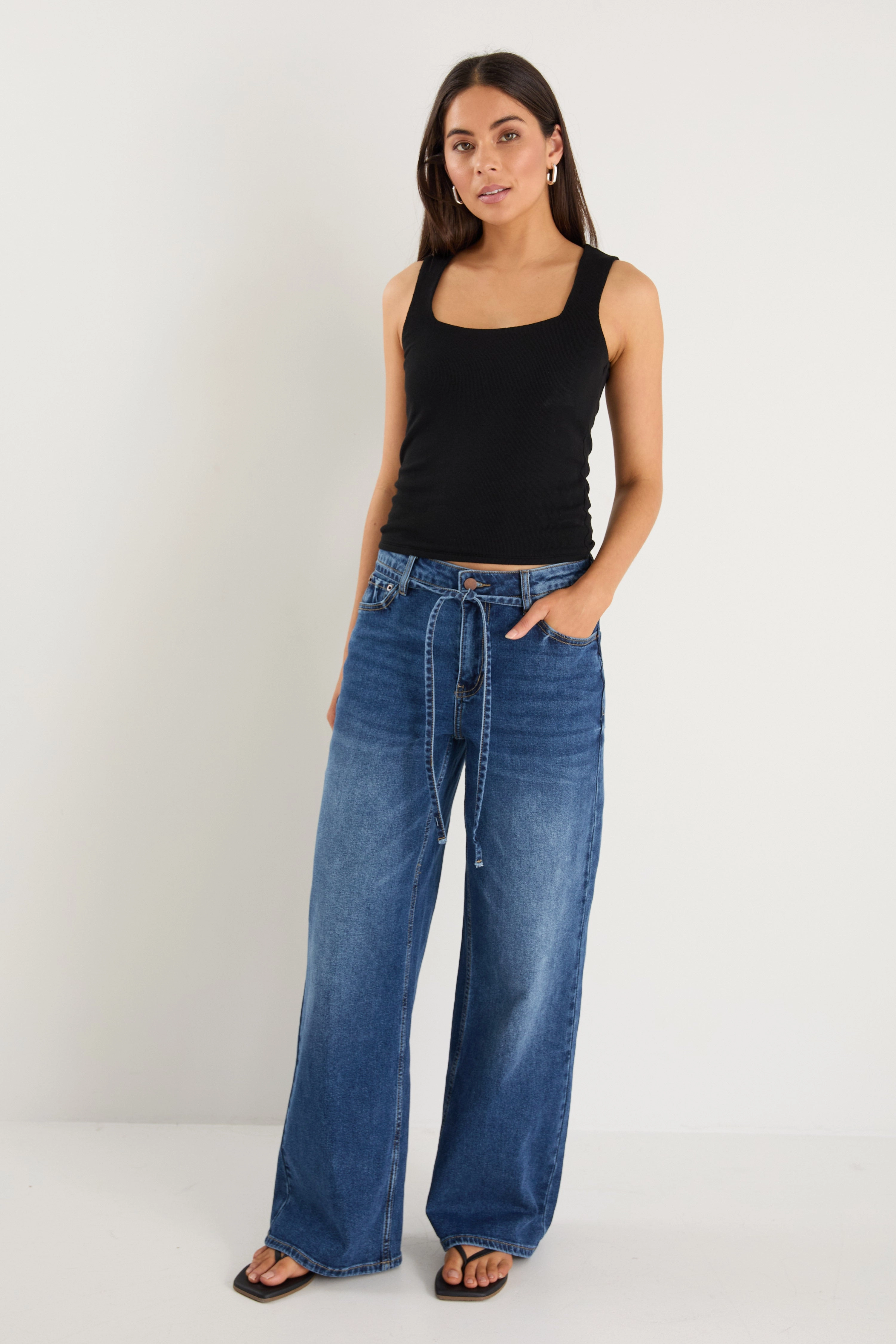College Deep Blue Wide Leg Tie Belt Jean Universal Fit System
