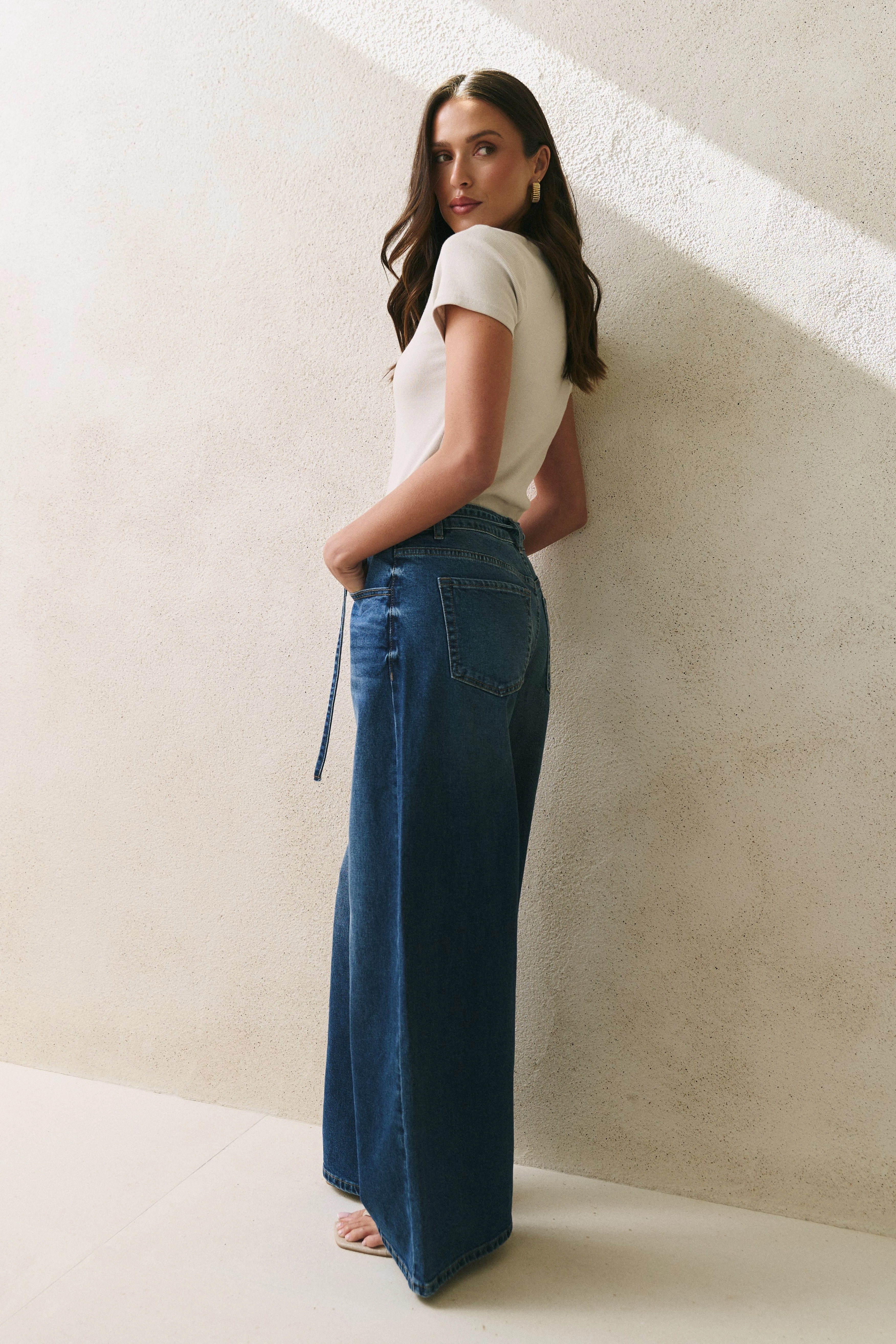 College Deep Blue Wide Leg Tie Belt Jean Casual Fit Design clean design