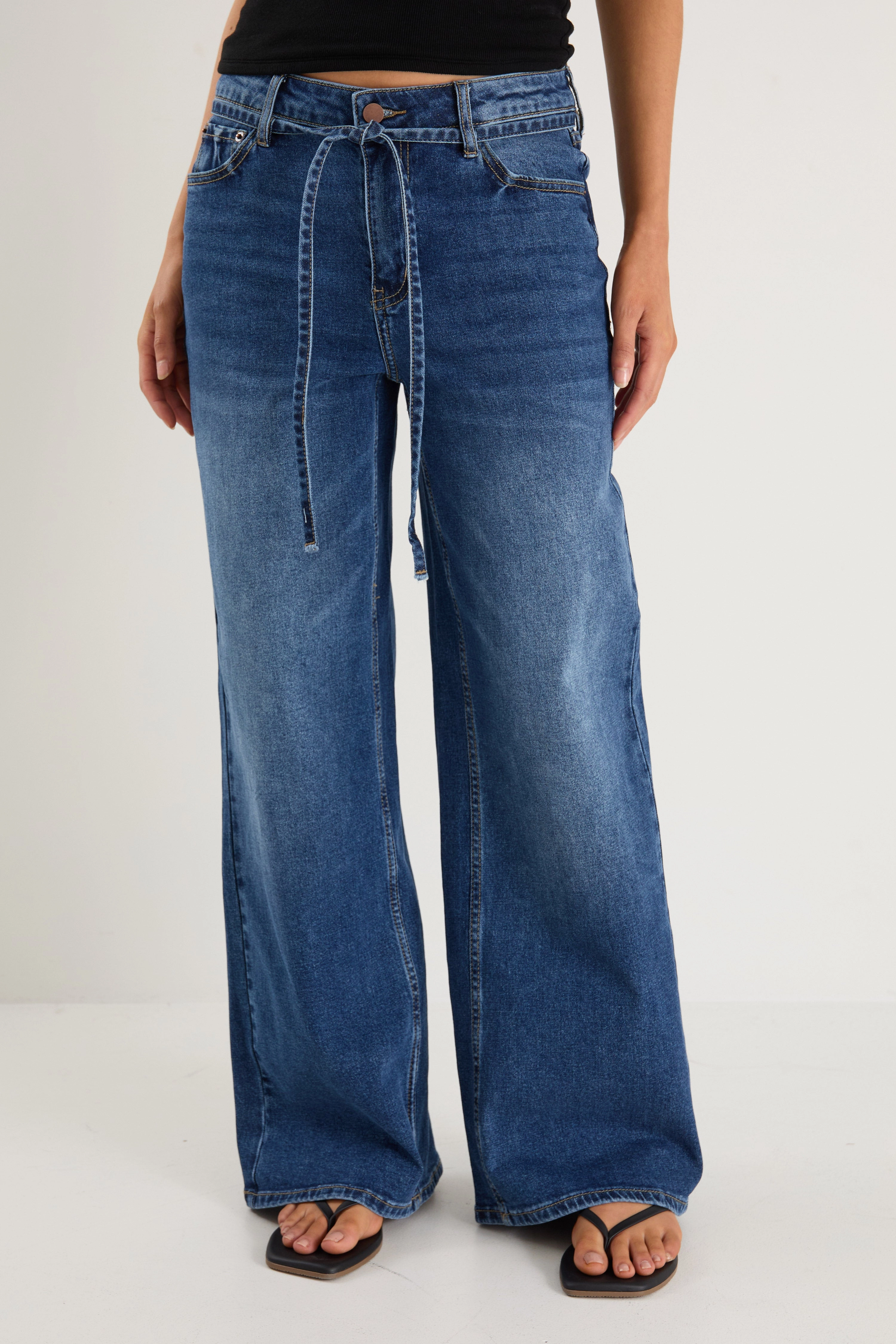 High Durability Thread Low Profile Waistband College Deep Blue Wide Leg Tie Belt Jean