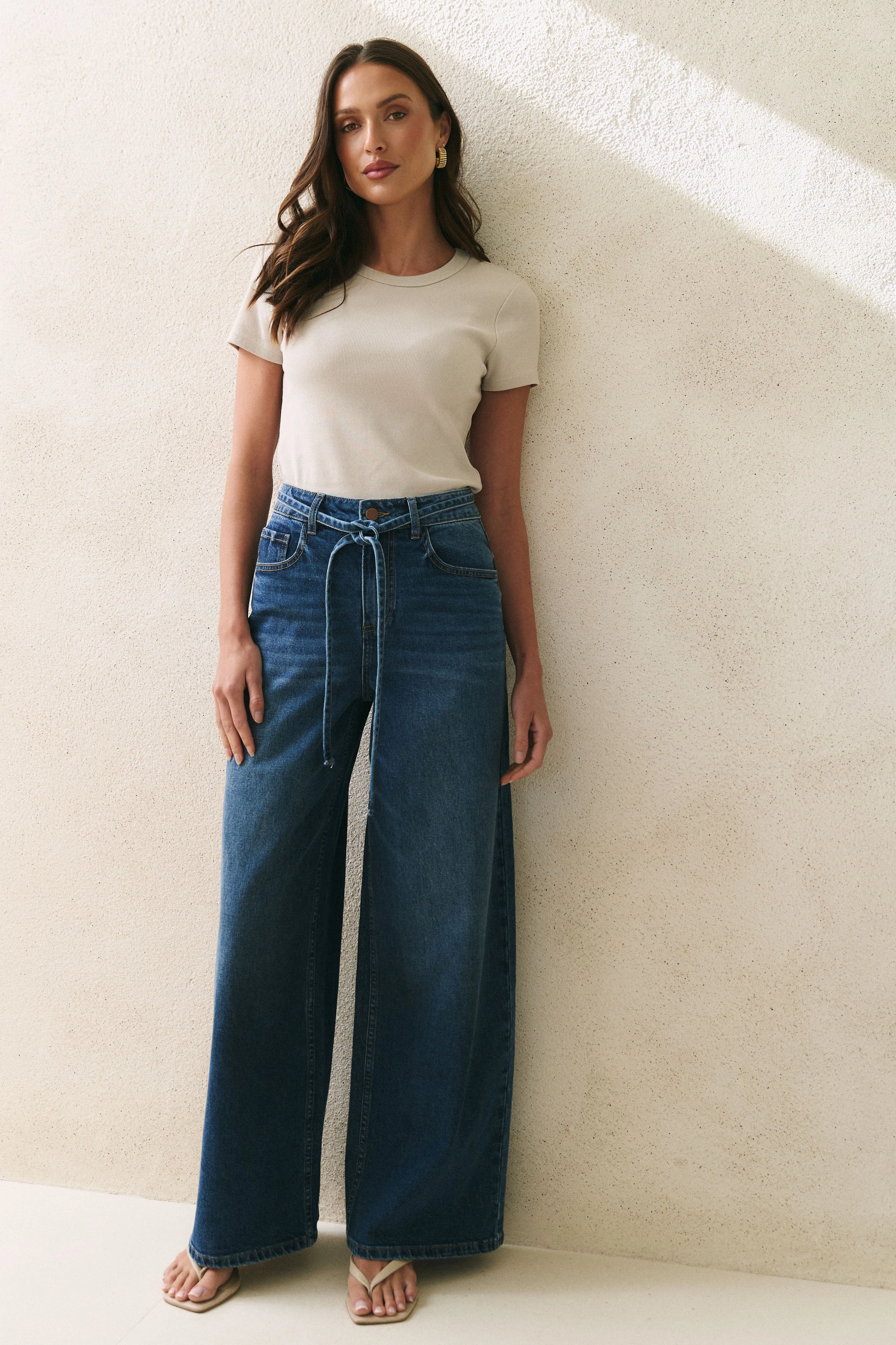 Chill Comfort Wear FrictionResistantEdging College Deep Blue Wide Leg Tie Belt Jean