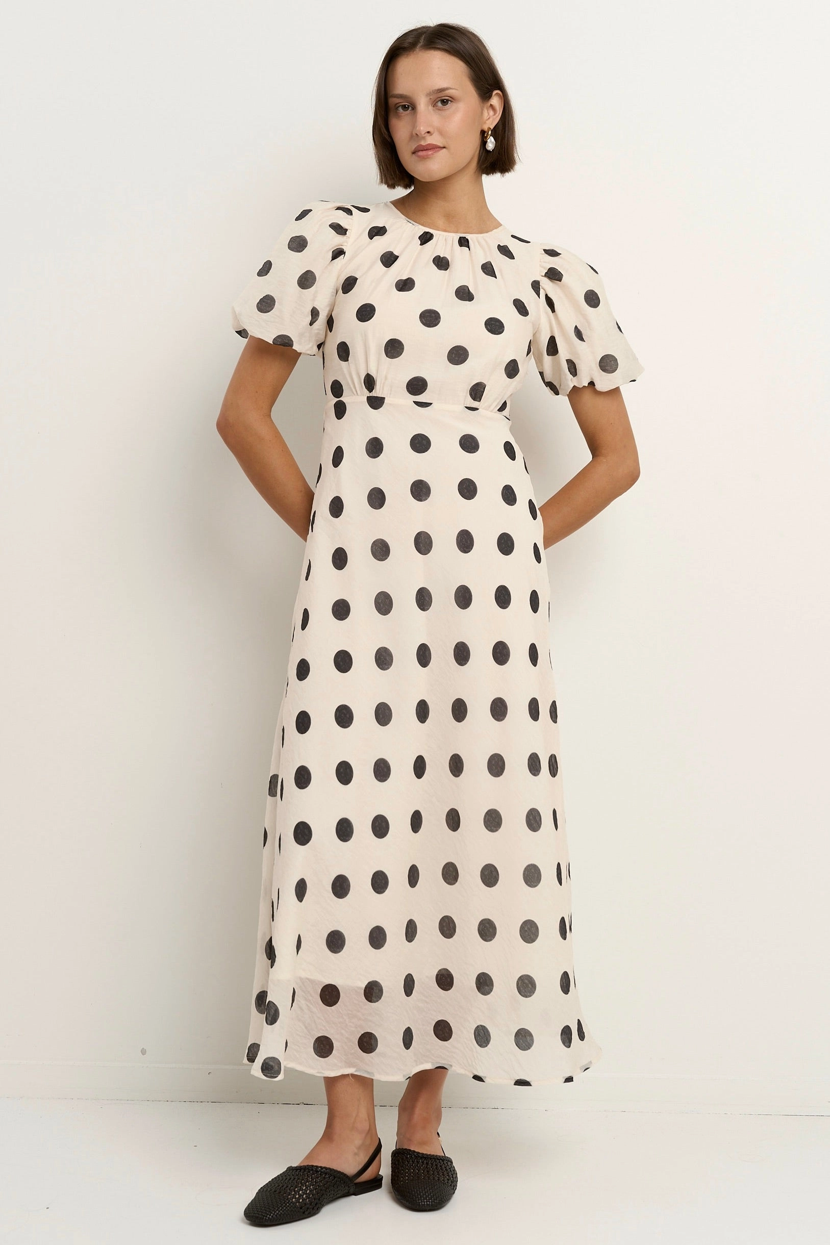 Versatile Design Stage Cream Black Polka Dot Puff Sleeve Floaty Maxi Dress