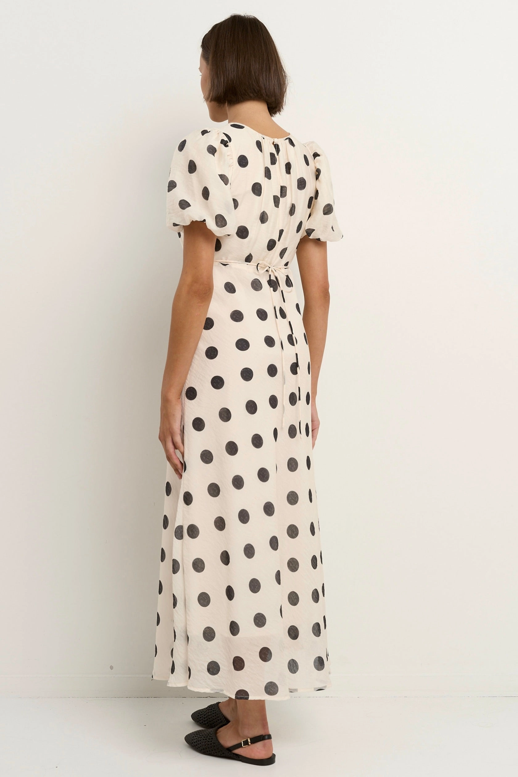 Stage Cream Black Polka Dot Puff Sleeve Floaty Maxi Dress Sophisticated Touch