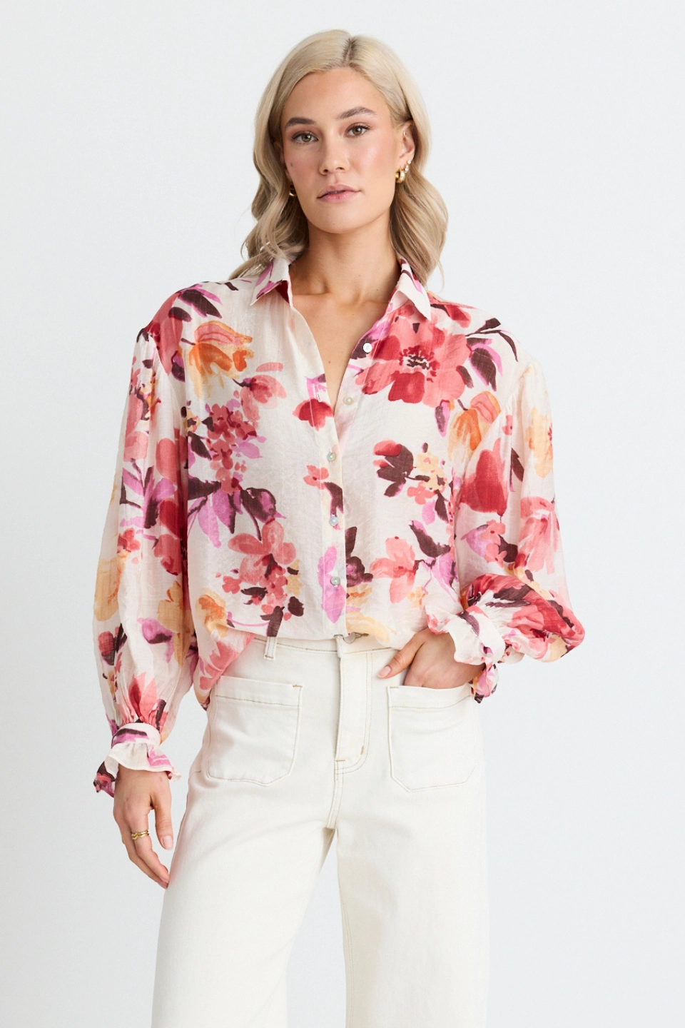 UV Protective Layer PlushLining Connection Vintage Blush Floral Button Front Long Sleeve Blouse