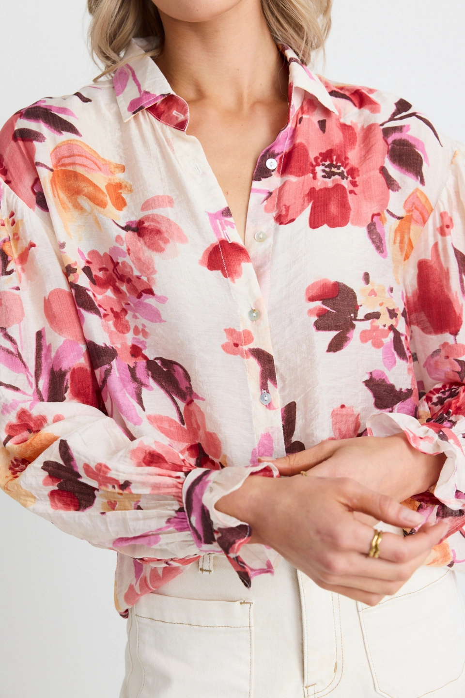 Connection Vintage Blush Floral Button Front Long Sleeve Blouse Eco Conscious Packaging