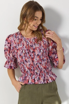 Quick-Dry MultipanelLayout Melodic Lilac Meadows Shirred Body Short Sleeve Top