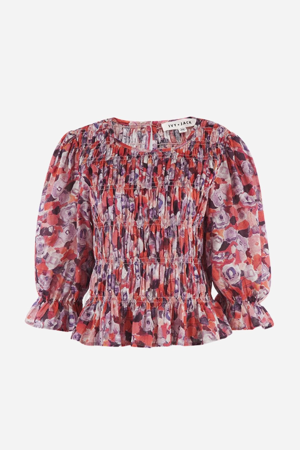 Melodic Lilac Meadows Shirred Body Short Sleeve Top Sheer Overlay Material Loose Blouse