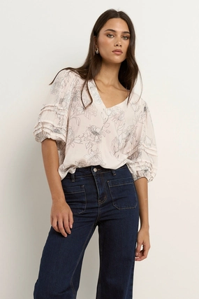 NoSlip Grip Recall Ivory Sketch Floral Pleat Sleeve Crew Top