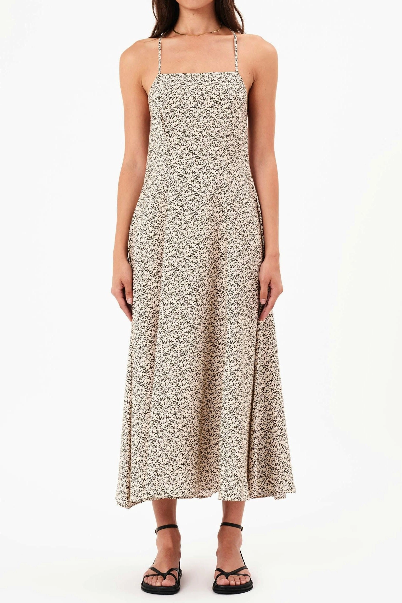 Dinali Tan Elm Dahlia Strappy Midi Dress Feminine Design Airy Layer