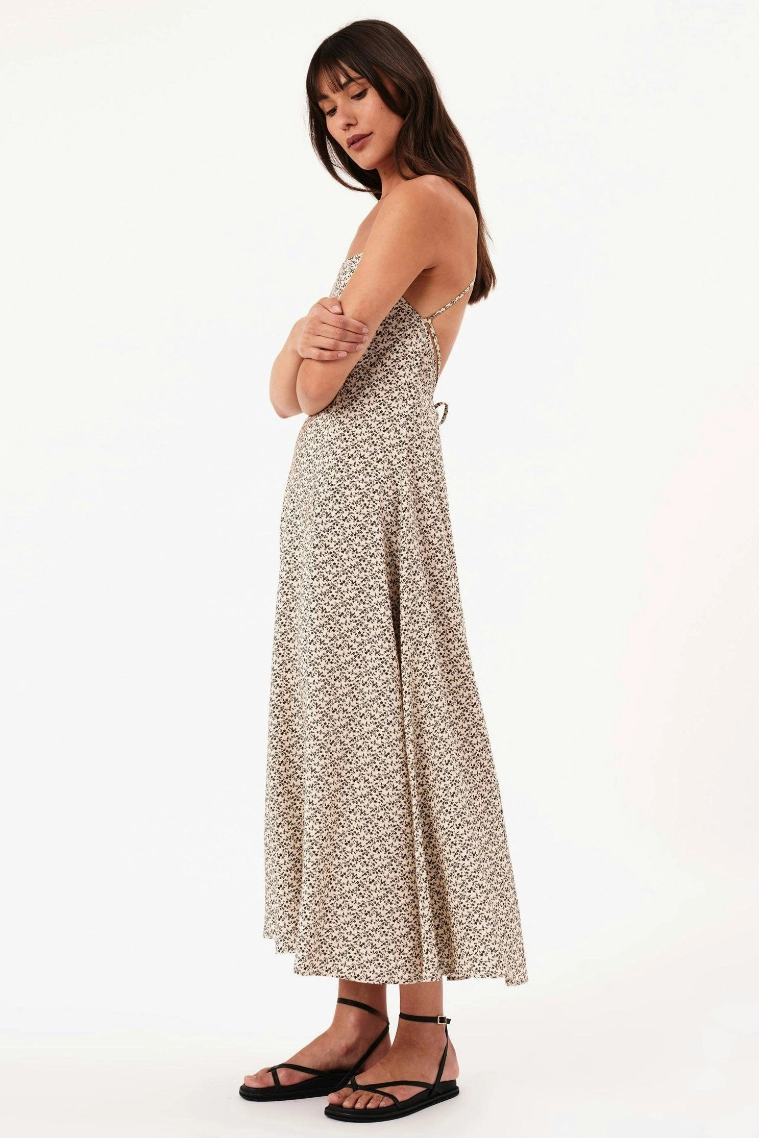 Understated Charm Versatile and Comfortable Dinali Tan Elm Dahlia Strappy Midi Dress