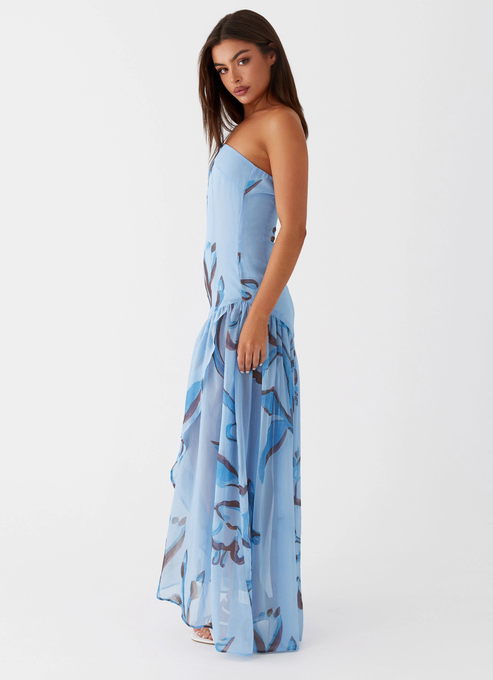 Neutral-Shade Solaris Strapless Maxi Dress - Blue Floral