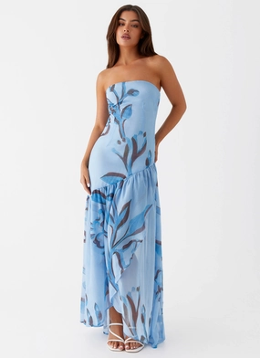 Solaris Strapless Maxi Dress - Blue Floral summer breeze Side-Zip