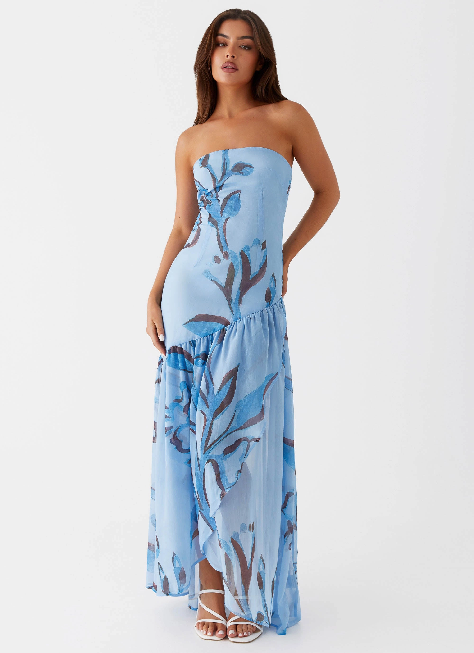 Solaris Strapless Maxi Dress - Blue Floral summer breeze Side-Zip