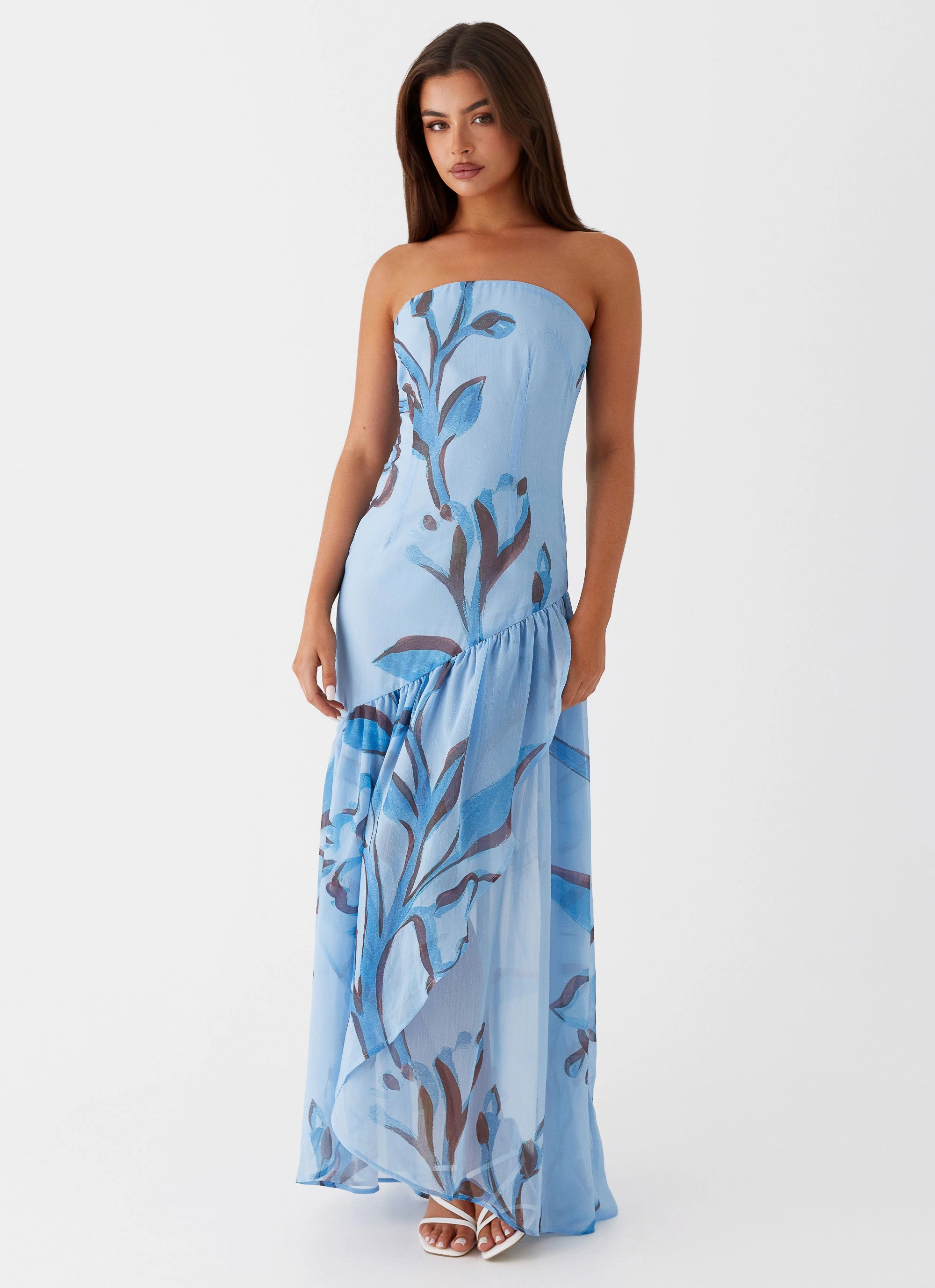 Solaris Strapless Maxi Dress - Blue Floral Grace Base Easy Fit