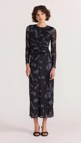 Bright Appeal Polished Edge Aura Black Abstract Mesh LS Midi Dress