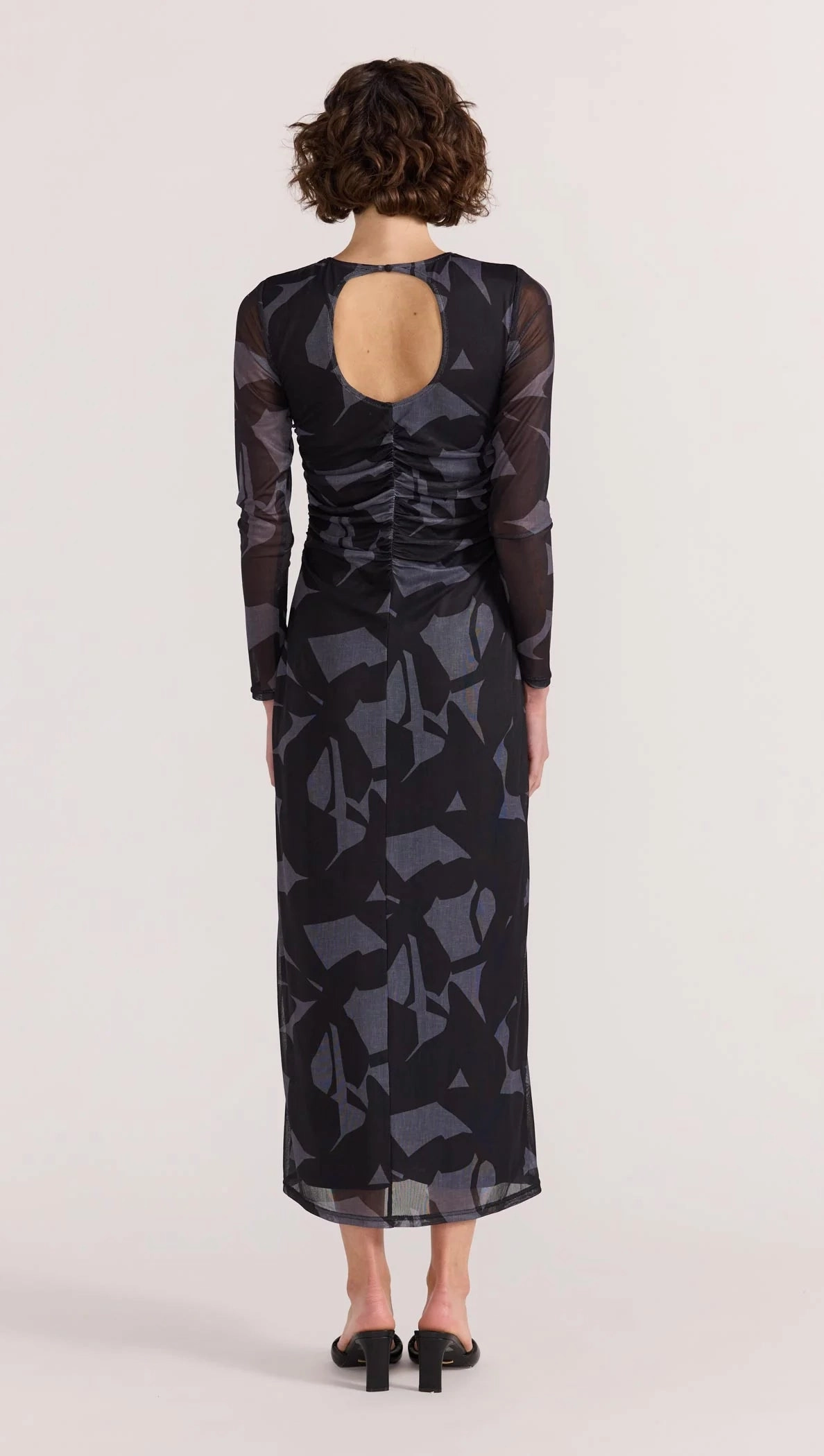 Vibrant Colors Aura Black Abstract Mesh LS Midi Dress