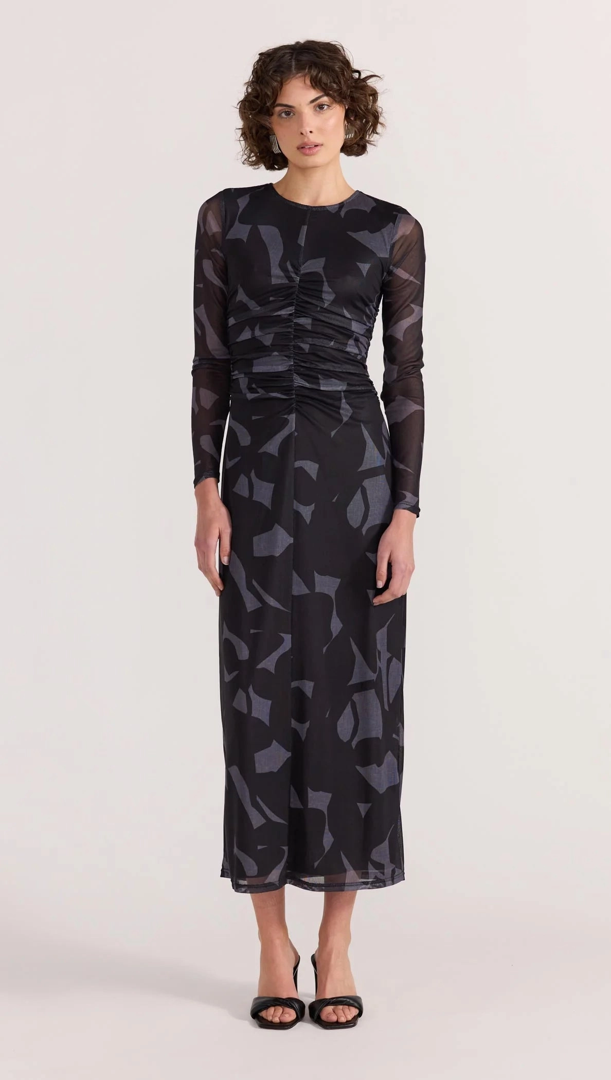 Bright Appeal Polished Edge Aura Black Abstract Mesh LS Midi Dress