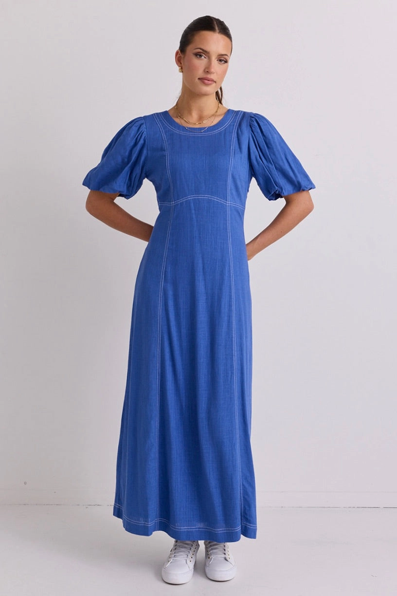 Smooth silhouette Sharp Finish State Lake Blue Linen Blend SS Midi Dress