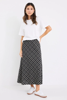 Soulmate Black Check Bias Cut Midi Skirt Flared hem Lightweight Lining