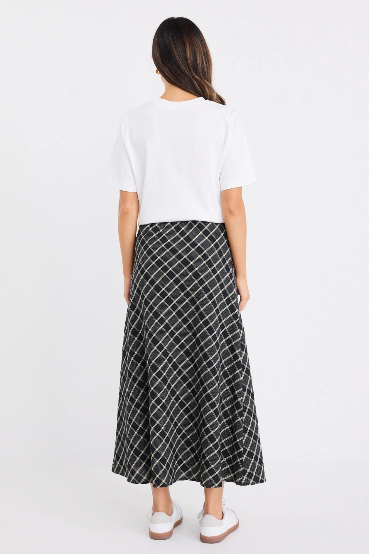 Soulmate Black Check Bias Cut Midi Skirt Texture Play Easy Outfit