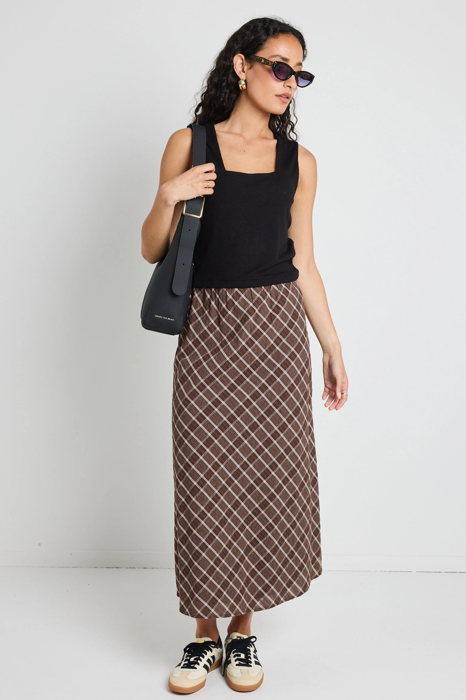 Chill Mood Multi Purpose Fabric Soulmate Chocolate Check Bias Cut Midi Skirt