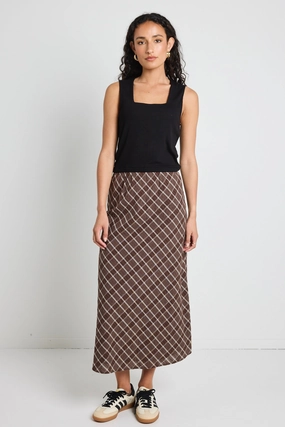 Soulmate Chocolate Check Bias Cut Midi Skirt Elevated Casual