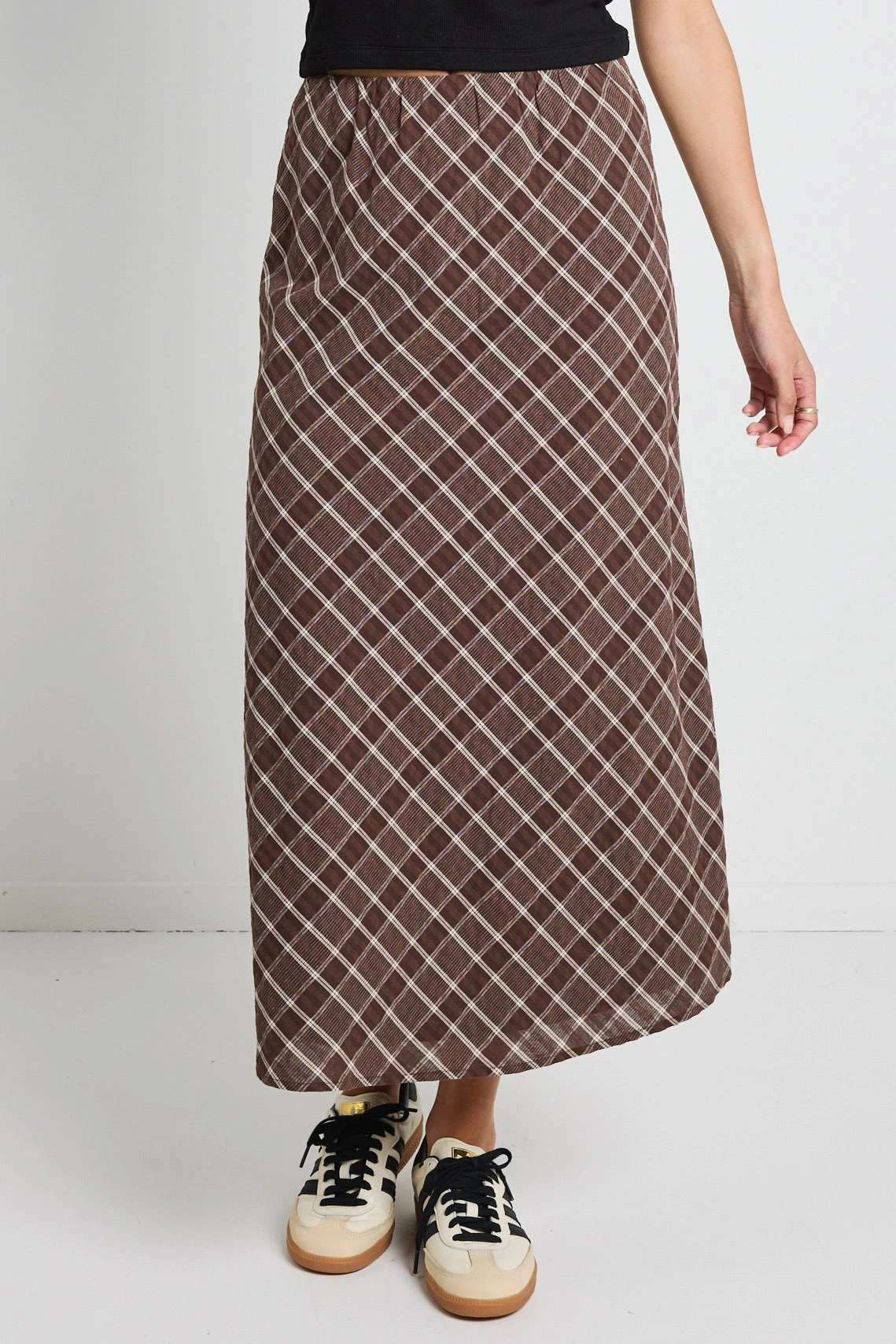 Elegant Feel Soulmate Chocolate Check Bias Cut Midi Skirt